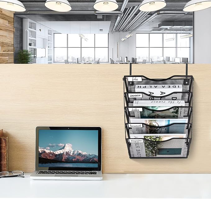 BOHDK Wall File Organizer 3 Pockets, Mail Organizer, Hanging Folder Holder, Foldable | Hanging or Wall Mounted | Label Panel | 2 Hooks | Office Home School Organizer, Black