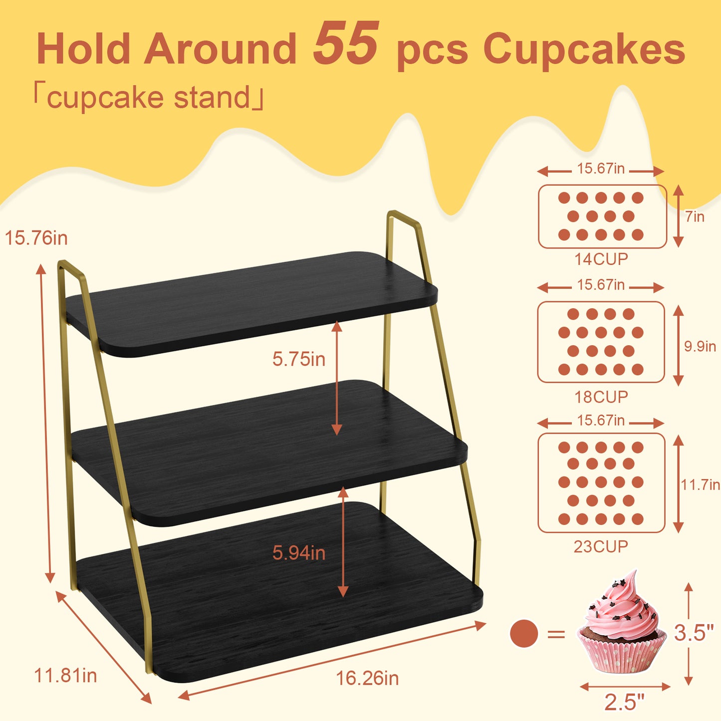 VyGrow Cupcake Stand, 3-Tier Dessert Stand for 55 Cupcakes, Wood & Metal Tower Display Premium Holder Dessert Tree Tower for Christmas Birthday Weddings Party Decor, Serving Tray (Black & Gold)