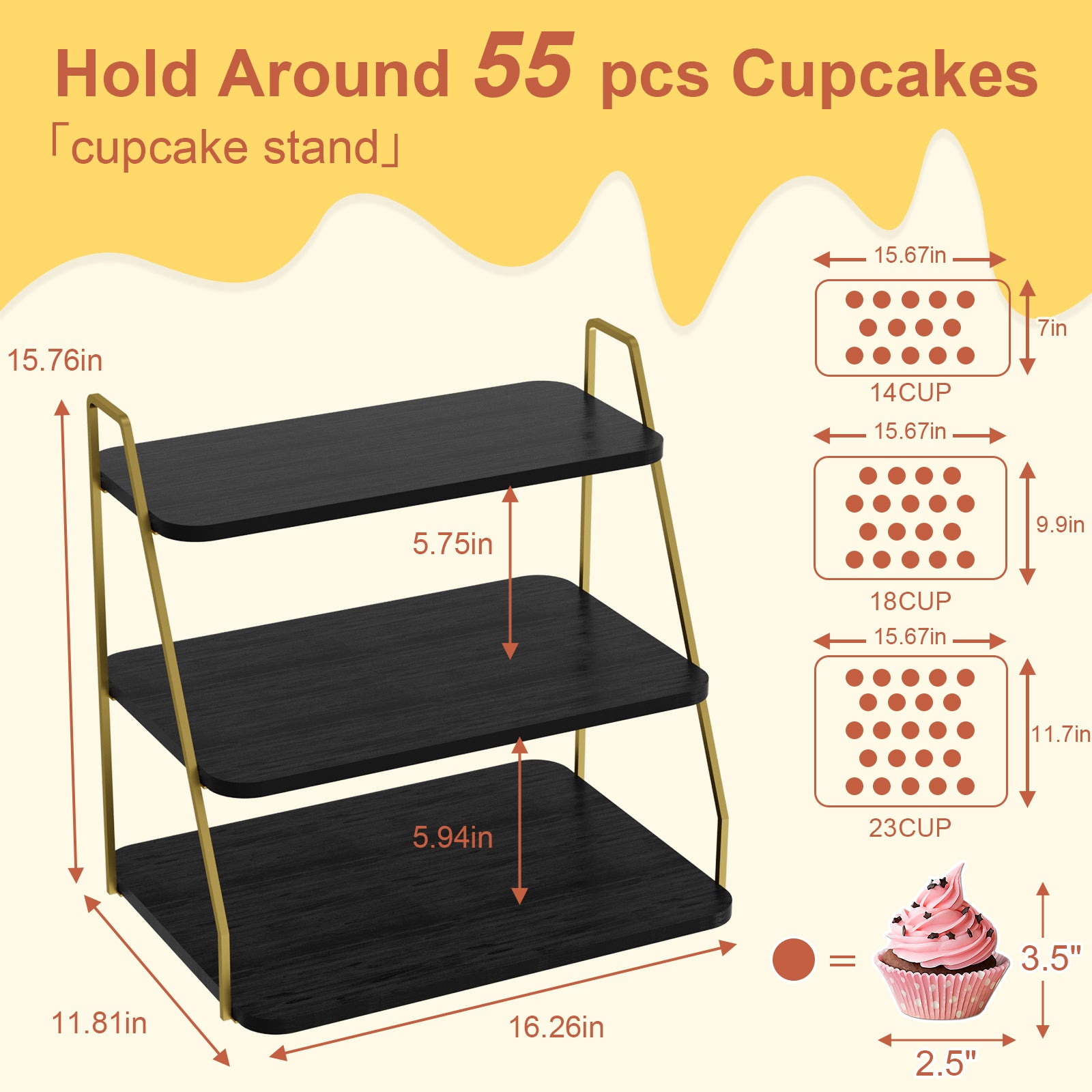 VyGrow Cupcake Stand, 3-Tier Dessert Stand for 55 Cupcakes, Wood & Metal Tower Display Premium Holder Dessert Tree Tower for Christmas Birthday Weddings Party Decor, Serving Tray (Black & Gold)
