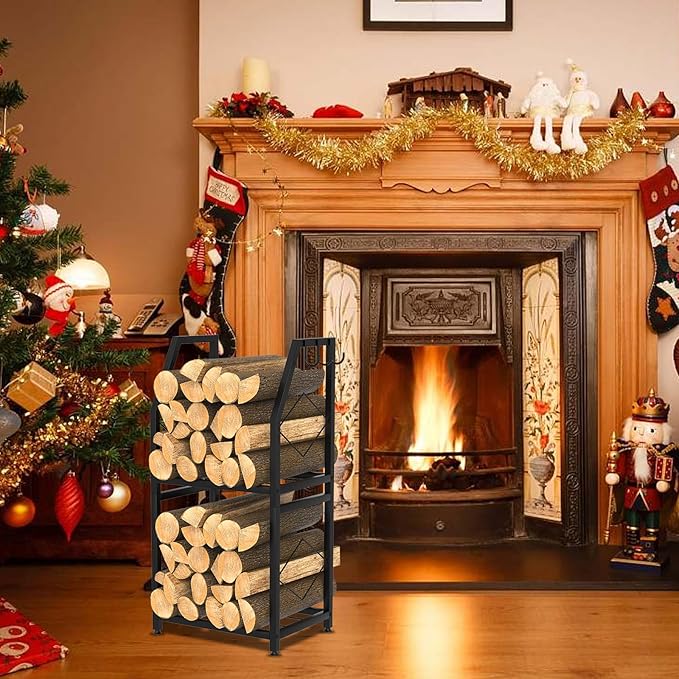 VyGrow Firewood Rack for Indoor, 2-Tier Firewood Holder with 3 Hanging Hooks, Heavy Duty Wood Rack for Outdoor Patio, Black