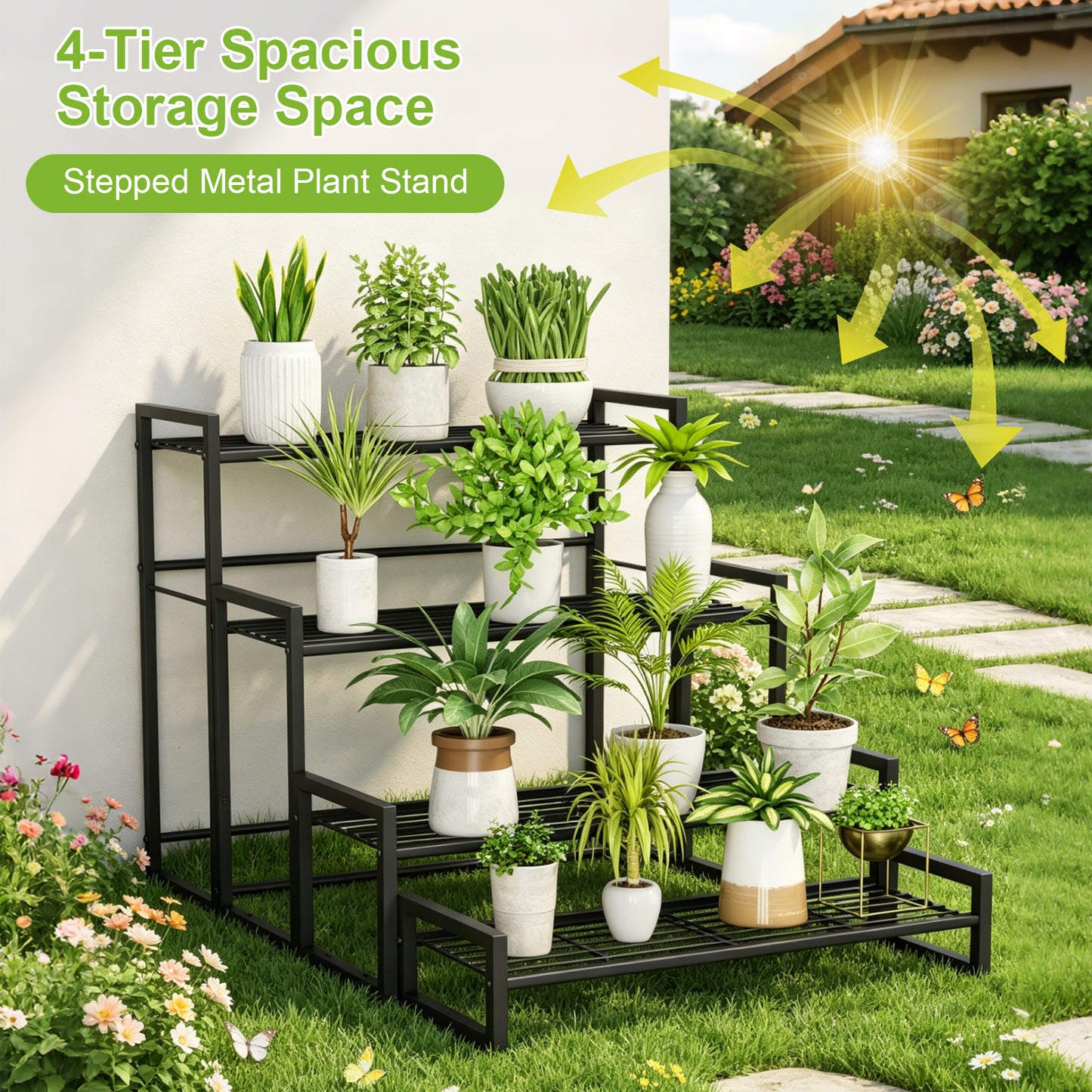 VyGrow Plant Stand, 4 Tier Widened Stackable Tiered Plant Stand, Upgraded Scalable Heavy Duty Tall Plant Shelf for Indoor Outdoor, Garden, Display Shelves, Flower Pot Holder, Black