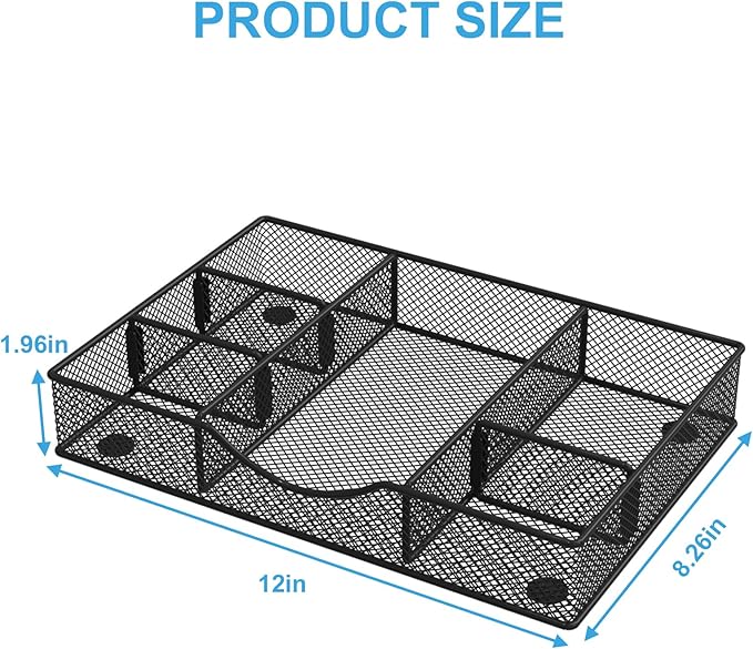 VyGrow Metal Mesh Desk Drawer Organizer Tray 6 Adjustable Compartment 12 x 8.26 x 1.96 inch Black