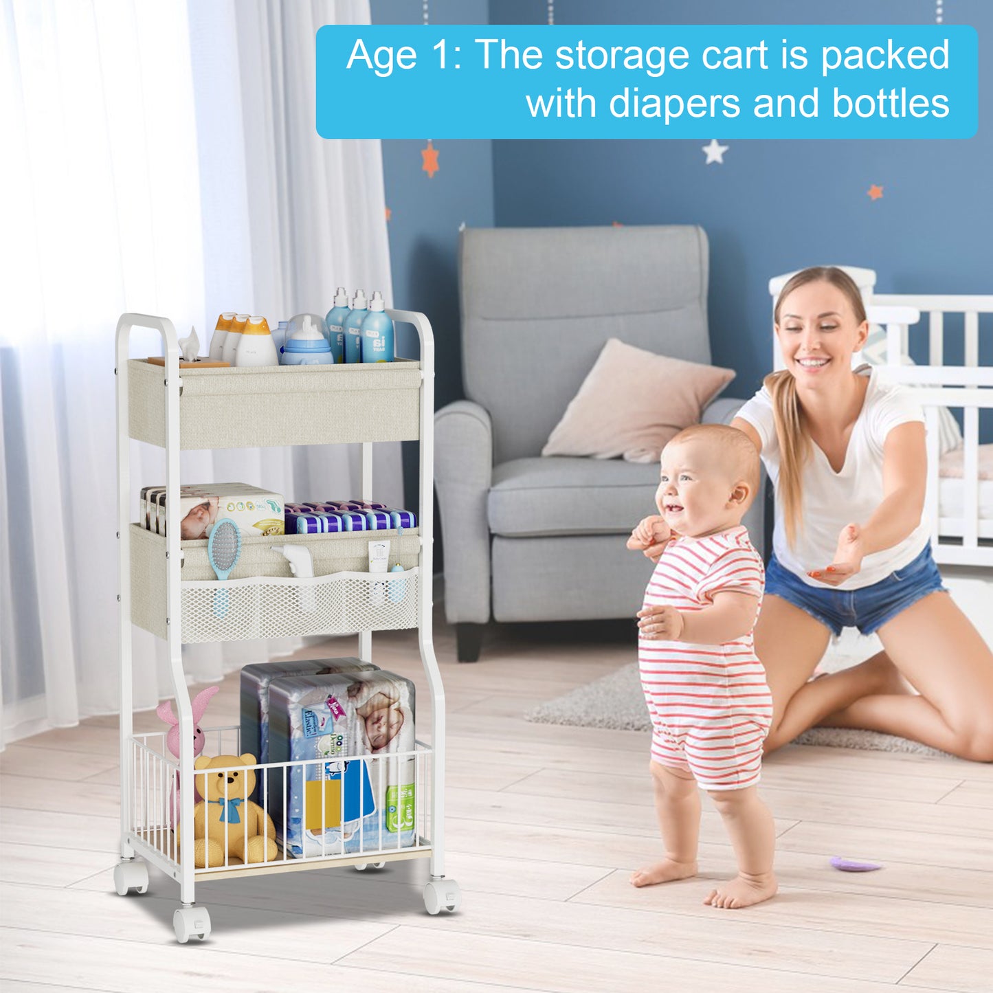3-tier Baby Diaper Caddy Organizer and Storage Cart with 4+3 Dividers, Metal Utility Cart with Lockable Wheels for Nursery, Bedroom, Bathroom, White
