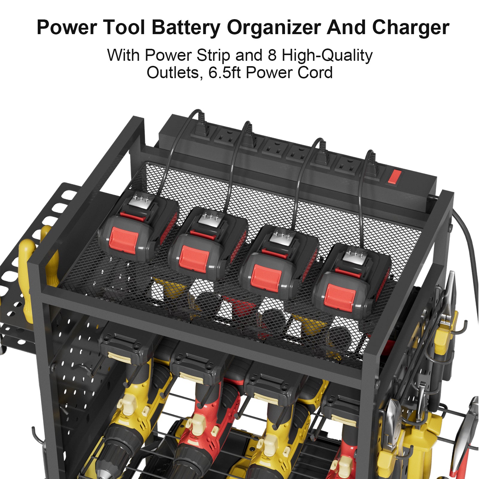 Power Tool Organizer Cart with Charging Station, Heavy Duty Garage Tool Organizer Rolling Tool Battery Storage (Black, 4.9FT Cord)