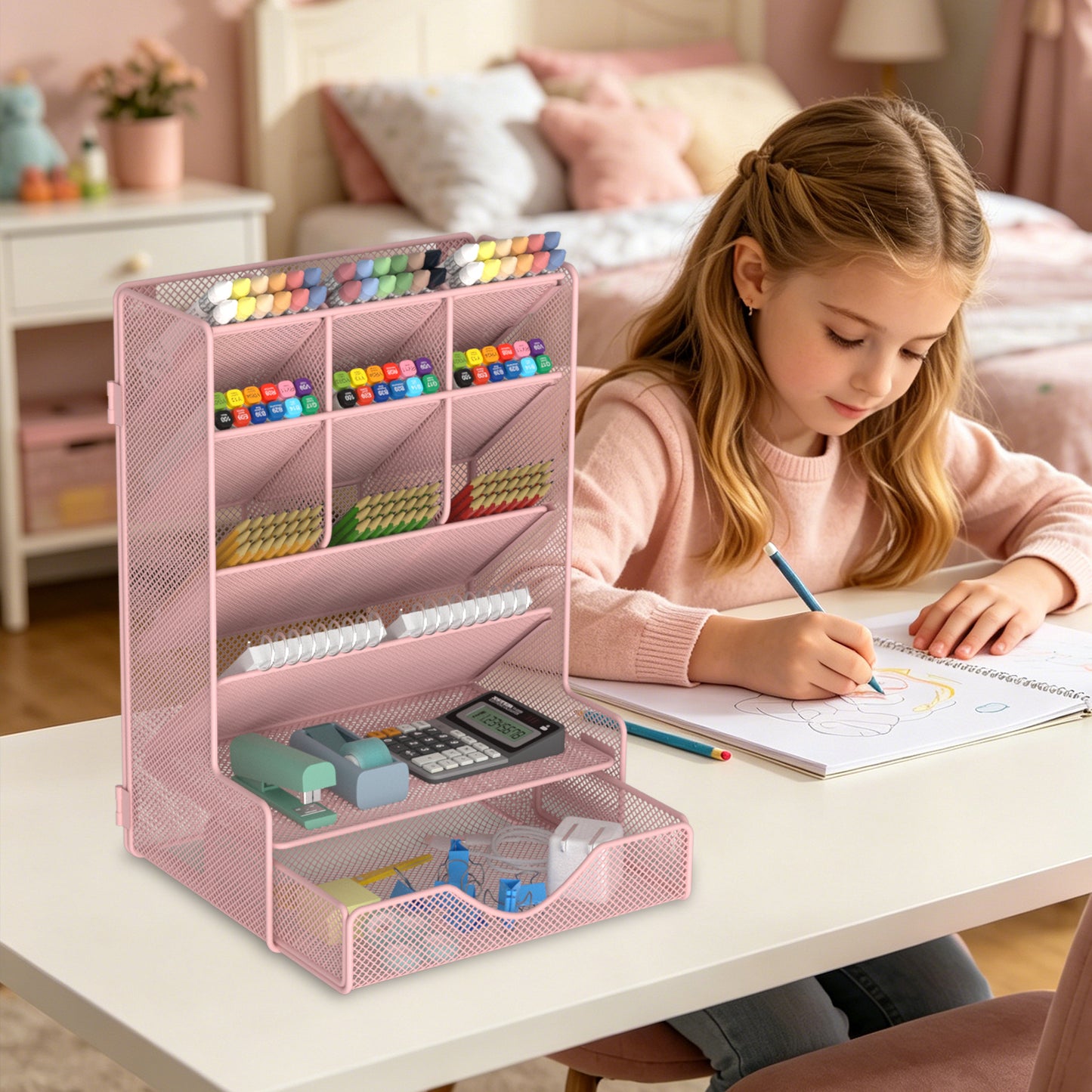 Pen Organizer for Desk, Multi-Functional Desk Organizer, Wall Mount Pen Holder with Drawer for School, Office, Home, Art Supplies, Pink