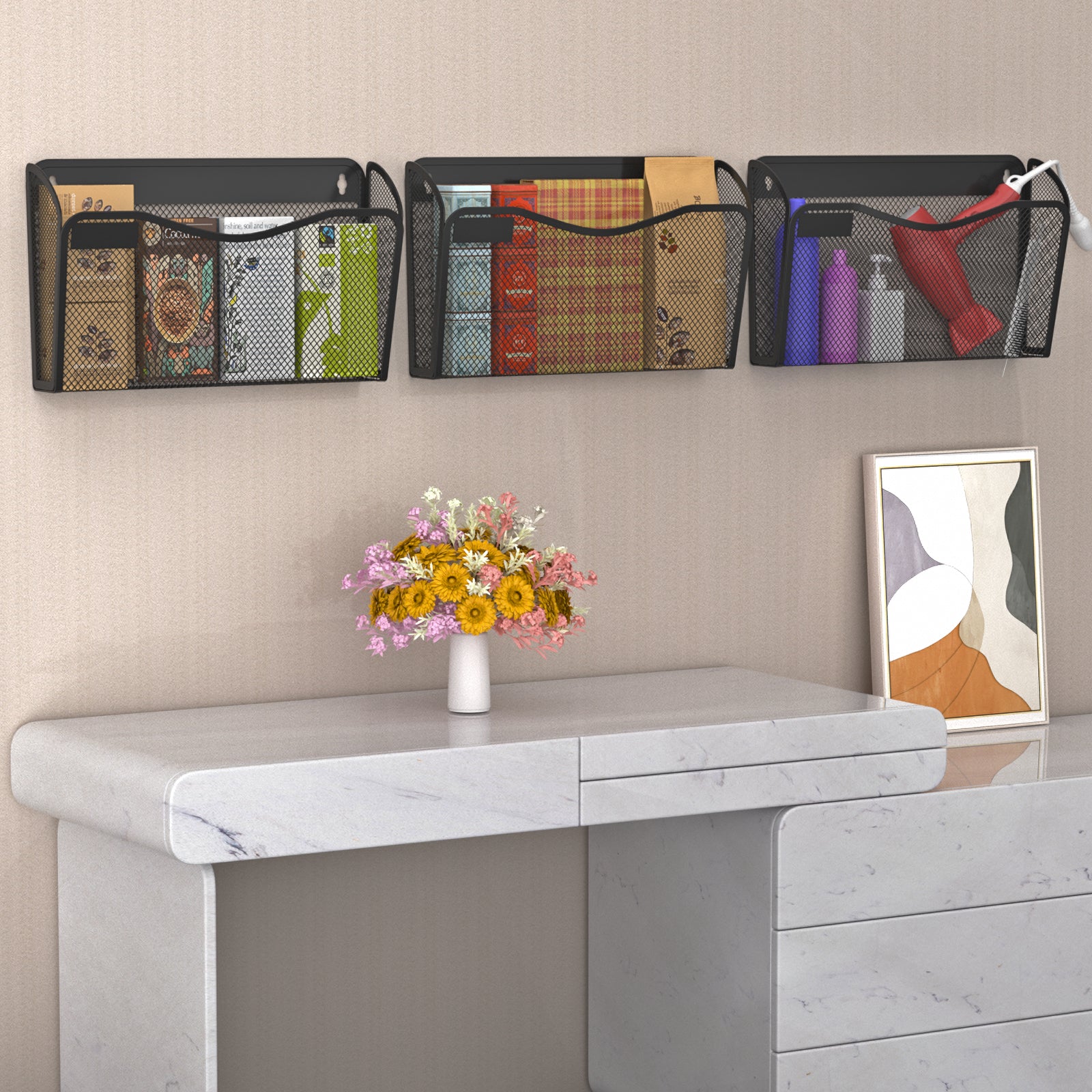 BOHDK Wall File Organizer, Mesh Hanging File Organizer, Home Office Organization and Storage, 3 Single Pockets Document Magazine Rack