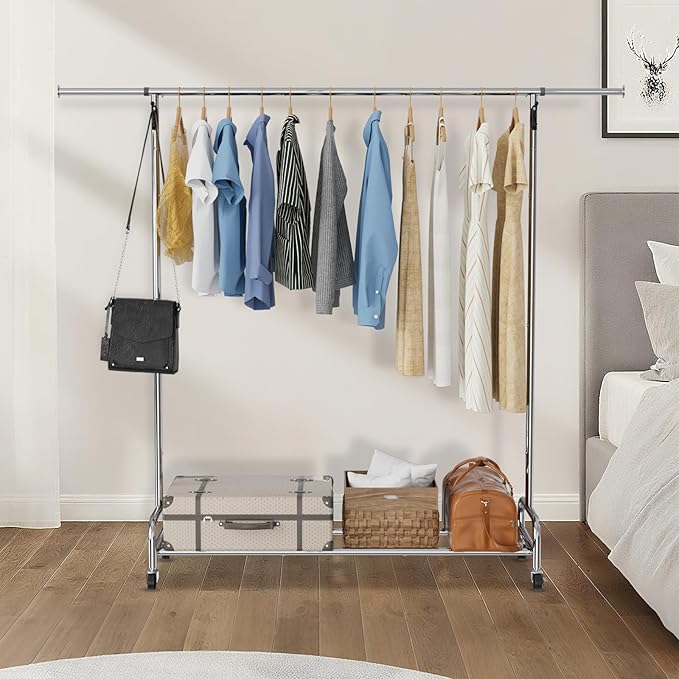 NEYCIL Standard Clothing Garment Rack with Wheels, 47.05" to 65.94" Adjustable Chrome Clothes Rack for Hanging Clothes, Portable Rolling Clothing Rack with Lockable Casters for Bedroom, Laundry Room
