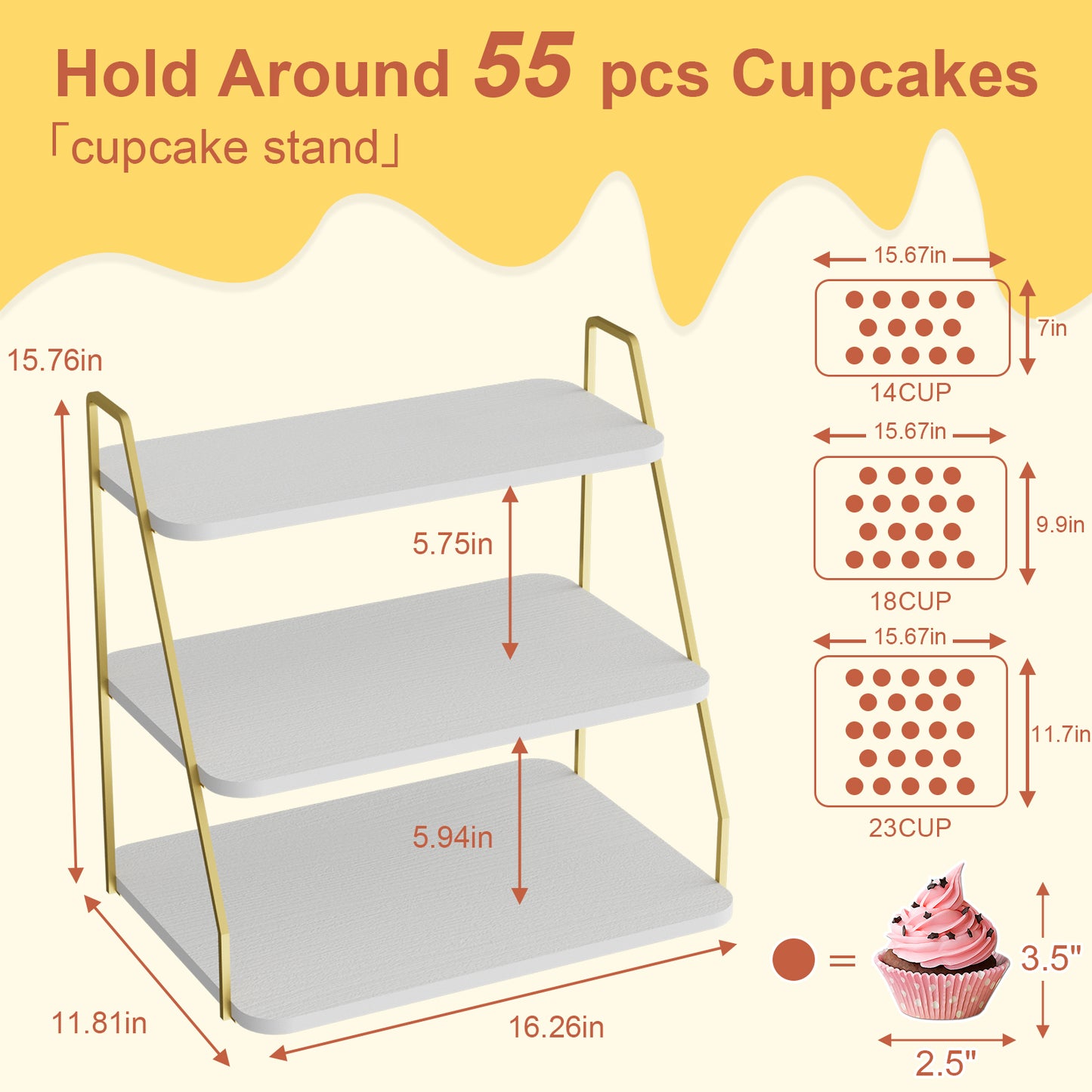 VyGrow Cupcake Stand, 3-Tier Dessert Stand for 55 Cupcakes, Wood & Metal Tower Display Premium Holder Dessert Tree Tower for Christmas Birthday Weddings Party Decor, Serving Tray