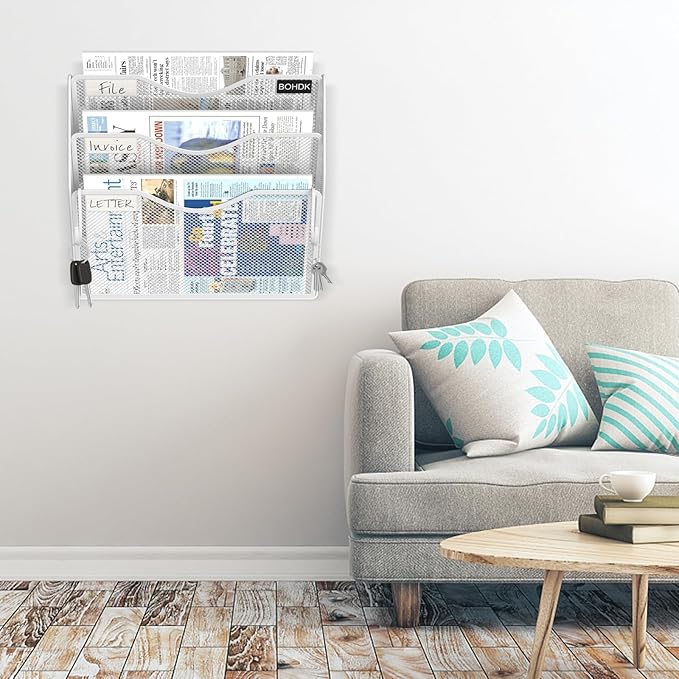 BOHDK Wall File Organizer, 3 Tire Hanging File Folder Mail Organizer, Vertical Mesh Metal Door/Wall Mount Hanging File Organizer, Paper Document Magazine Rack with Hooks for Home Office White