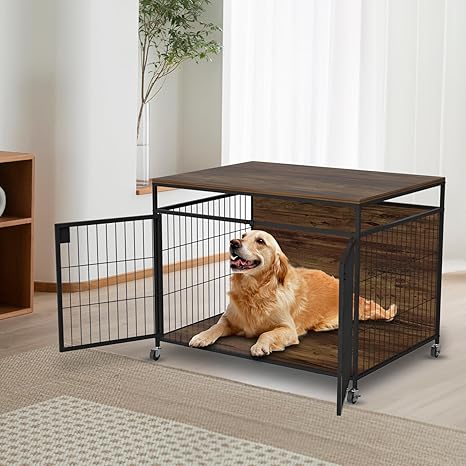 VyGrow Dog Crate Furniture for Large Dogs, Wooden Dog Kennel with Double Doors, Heavy Duty End Table Dog Crate for Dogs Indoor, Rotating Wheels or Foot Pads (39.4" L x 28.3" W x 31.7" H)