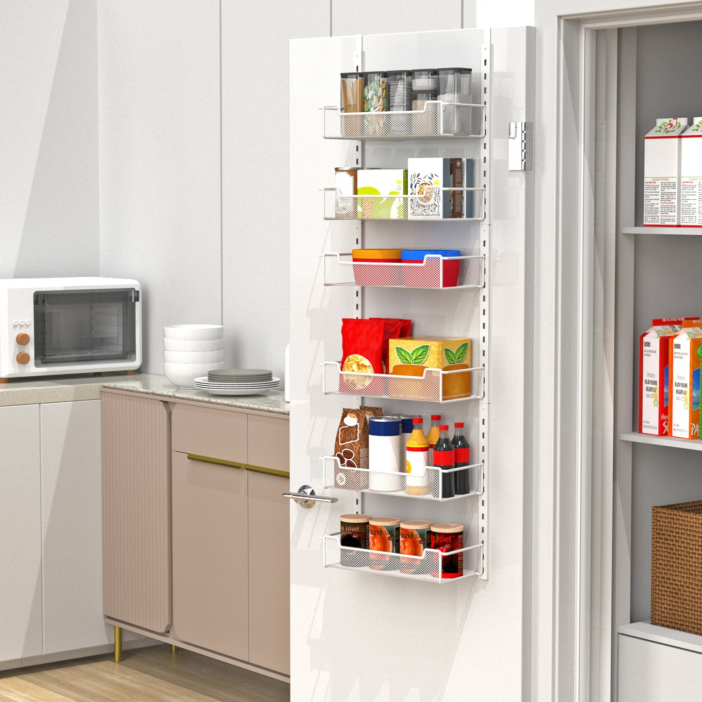 VyGrow 12.3" W Narrow Over the Door Pantry Organizer, 6-Tier Over the Door Organizer with Adjustable Basket, Pantry Door Organization for Pantry Kitchen Storage Room Spice Rack, White