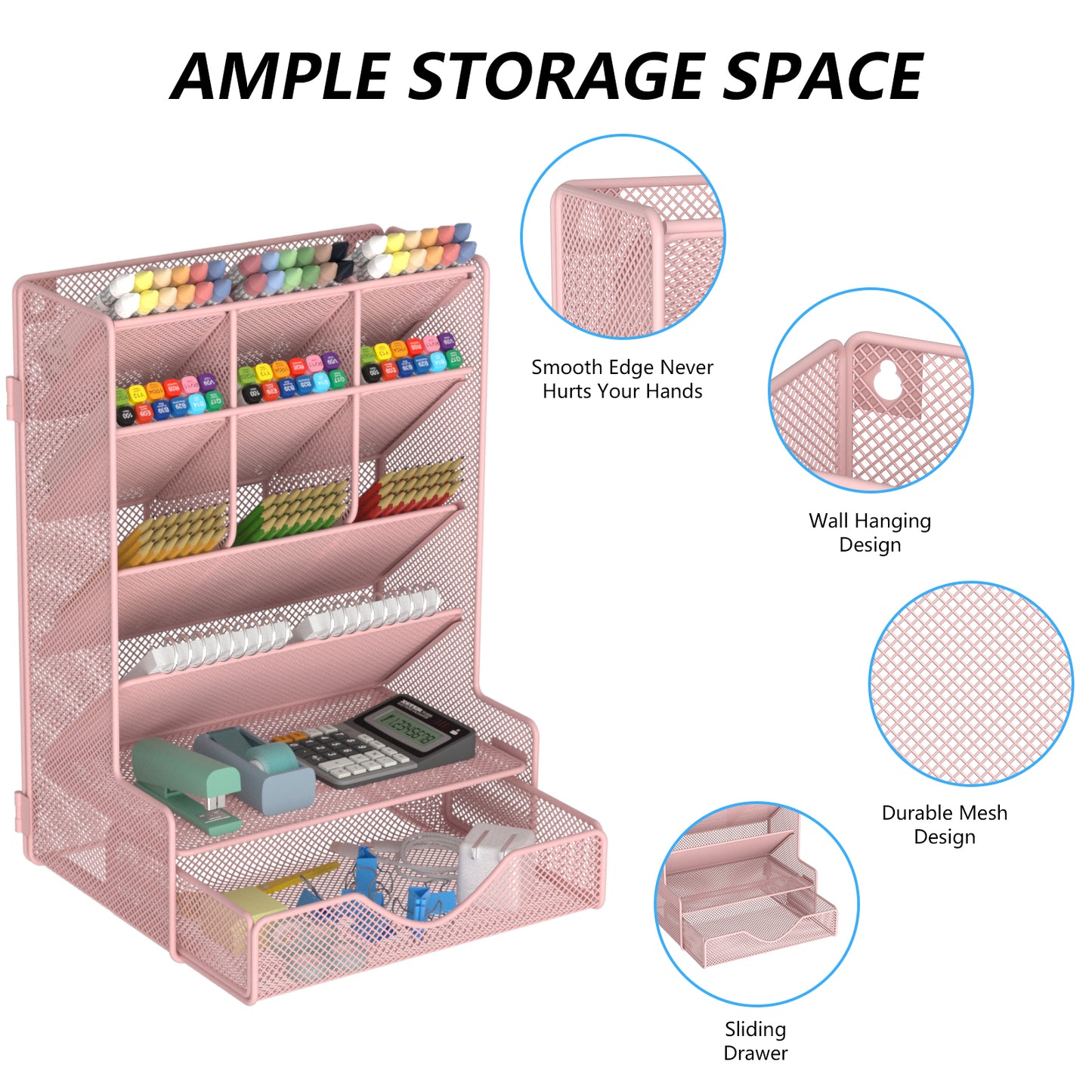 Pen Organizer for Desk, Multi-Functional Desk Organizer, Wall Mount Pen Holder with Drawer for School, Office, Home, Art Supplies, Pink