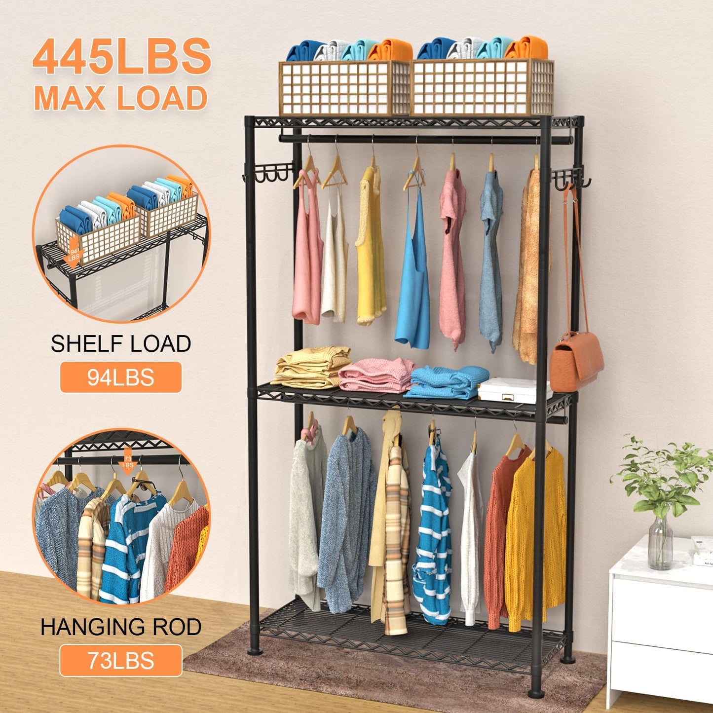 VyGrow Clothes Rack, Clothing Racks for Hanging Clothes, 3 Tiers Adjustable Garment Rack with Wheels | Double Rods | Side Hooks | Heavy Duty | Load 445lbs | 15.7" D x 35.43" W x 78.34" H | Black