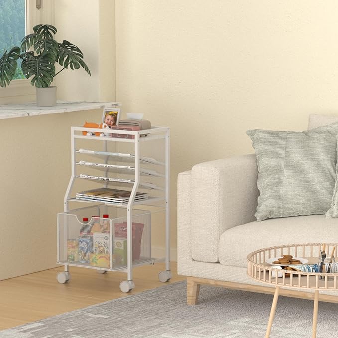 BOHDK Rolling File Cart, 6-Tier Desk File Organizer on Lockable Wheels, White Wood Planks & Mesh Sliding Hanging Folder Drawer, Organization Cart for Office Home School