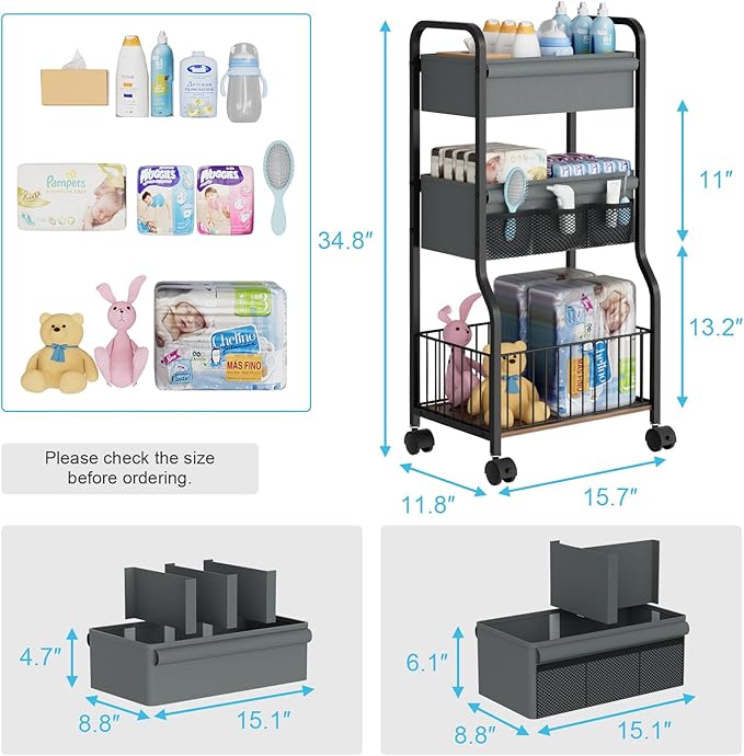 NEYCIL Baby Organizers and Storage, 3-Tier Diaper Caddy Organizer Cart with Lockable Wheels | 4+3 Dividers, Cart for Baby Supplies, Baby Organization for Nursery, Bedroom, Bathroom