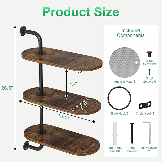 VyGrow Rotating Window Plant Shelves with 3 Anti-slip Mats, 3 Tier Plant Stand Indoor Outdoor, Wooden Window Plant Shelf with 3 Circle Hook, Hanging Plant Holder for Window, Potted Plants, Flowerpots