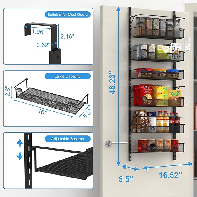VyGrow Over the Door Pantry Organizer, 6-Tier Over the Door Organizer with Adjustable Basket, Pantry Door Organization for Pantry Kitchen Storage Room Spice Rack, Black ASIN B0C4XXMZV