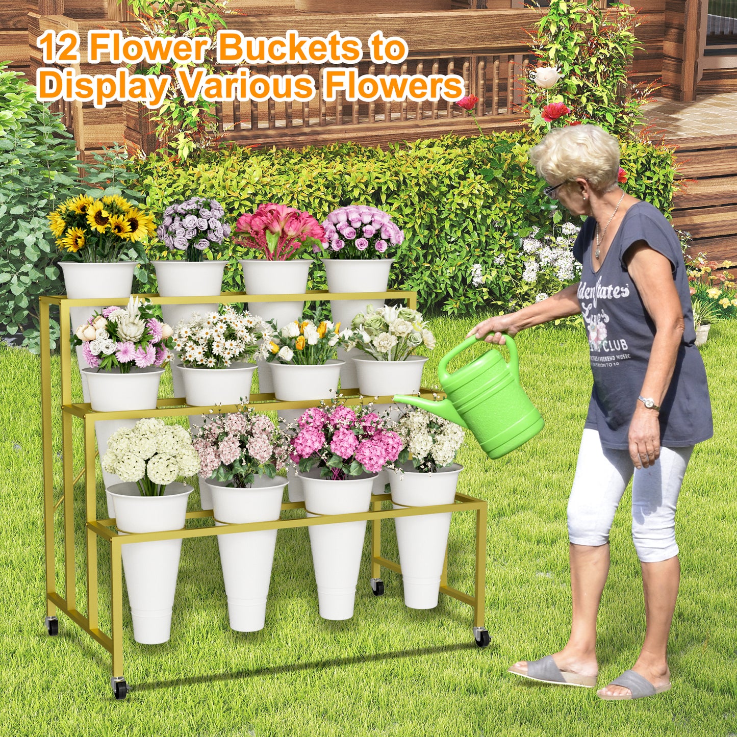 Flower Stand, 3-Tier Flower Display Stand with Buckets for Indoor Outdoor, Flower Cart Display Stand with Wheels for Courtyard, Balcony, Flower Shop, Wedding, Party, Exhibition (Gold)