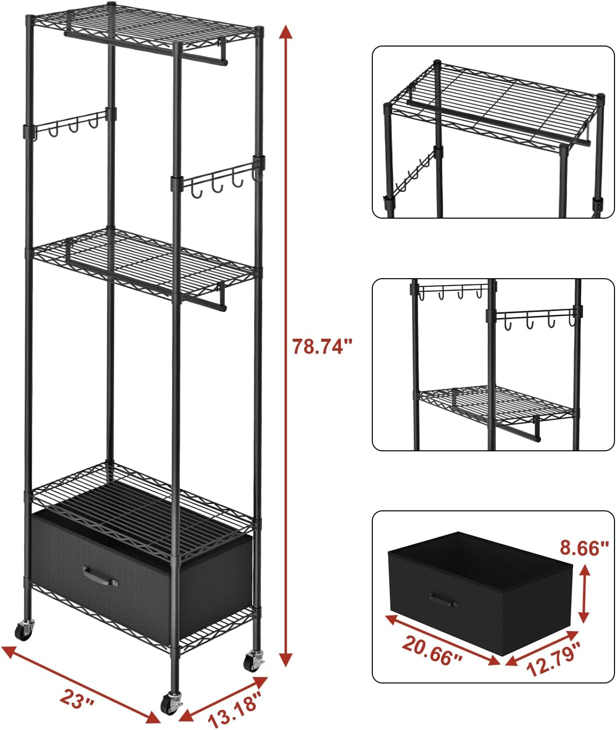 VyGrow Clothes Rack, Clothing Rack for Hanging Clothes, Kids Clothes Rack, 4 Tiers Adjustable Closet Organizer with Drawer | Double Rods | Side Hooks | Load 445lbs | ‎13.18" D x 23" W x 78.74" H