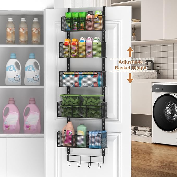 VyGrow Over The Door Organizer, Metal Door Organizer Hanging with 5 Adjustable Baskets and Coat Hook, Behind The Door Storage for Bedroom Closet Bathroom Pantry Cabinet Kitchen, Black