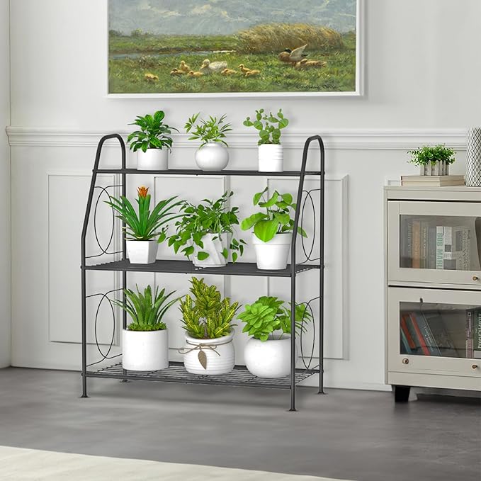 VyGrow Plant Stand, 3 Tier Plant Shelf for Indoor Outdoor, Heavy Duty Metal Outdoor Plant Stand Holder Rack for Living Room Balcony and Garden, Iron Wire, Black