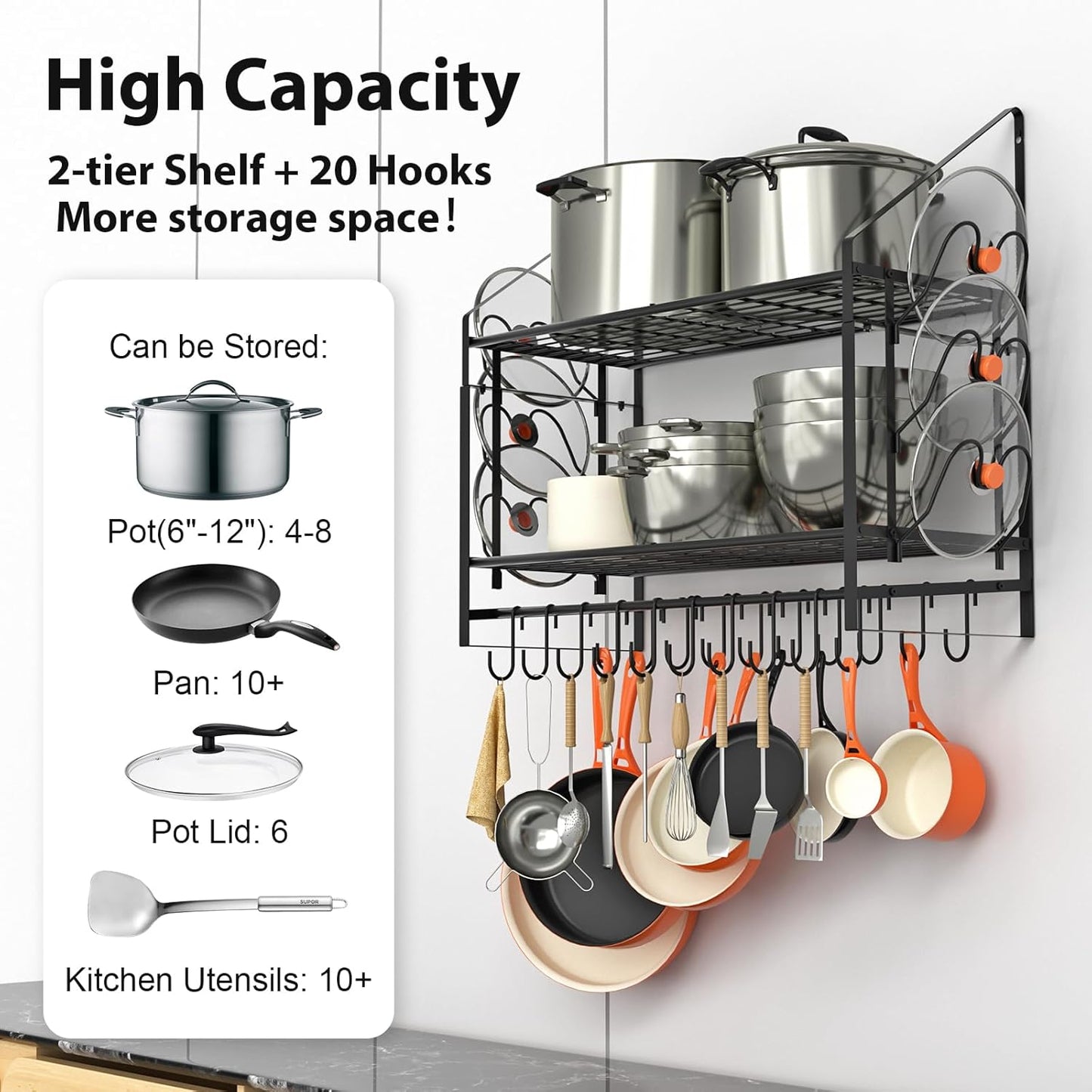 VyGrow 35 Inch Pot Rack Wall Mounted, 2 Tier Pots and Pans Organizer with 20 Hooks and 6 Pot Lid Holders, Heavy Duty Steel Pot and Pan Hanger for Kitchen Cookware Utensils Storage 34.7" Lx13 Wx26.4 H
