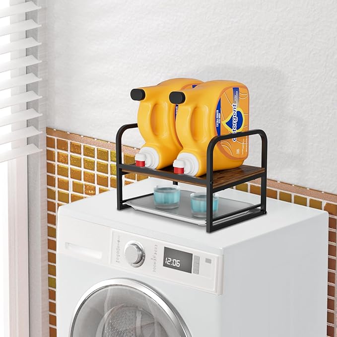 NEYCIL Laundry Detergent Holder, Wooden Laundry Detergent Holder Stand, Metal Laundry Liquid Detergent Organizer with Drip Tray for Laundry Room Organization and Storage, Black