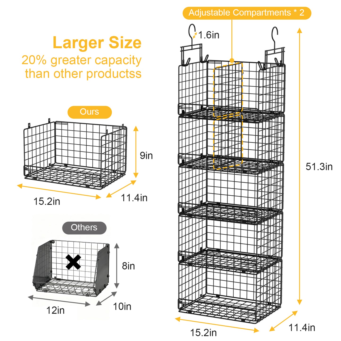 VyGrow 5 Tier Hanging Closet Organizer with Adjustable Dividers, Heavy-Duty Storage Shelves for Clothing, Kitchen, Laundry Room, Extra Large Baskets, 15.7" W x 11.8" D x 51" H, Black
