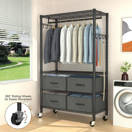 VyGrow Clothes Rack, Heavy Duty Clothing Rack for Hanging Clothes, 4-Tier Adjustable Closet Organizer with 4 Drawers | Hanging Rod | Side Hooks | Load 445lbs | 15.7" D x 35.4" W x 74.1" H