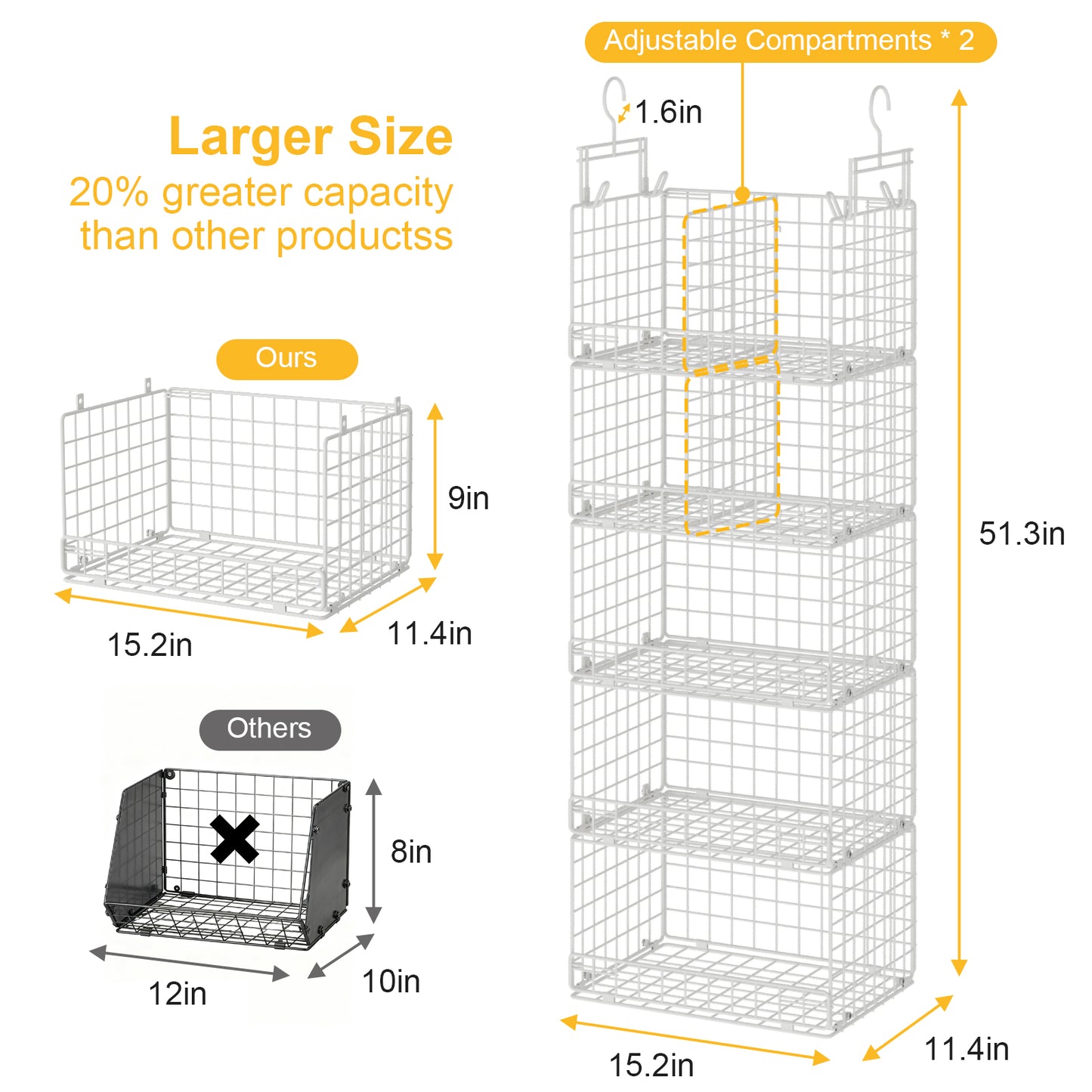 VyGrow 5 Tier Hanging Closet Organizer with Adjustable Dividers, Heavy-Duty Storage Shelves for Clothing, Kitchen, Laundry Room, Extra Large Baskets, 15.7" W x 11.8" D x 51" H, White