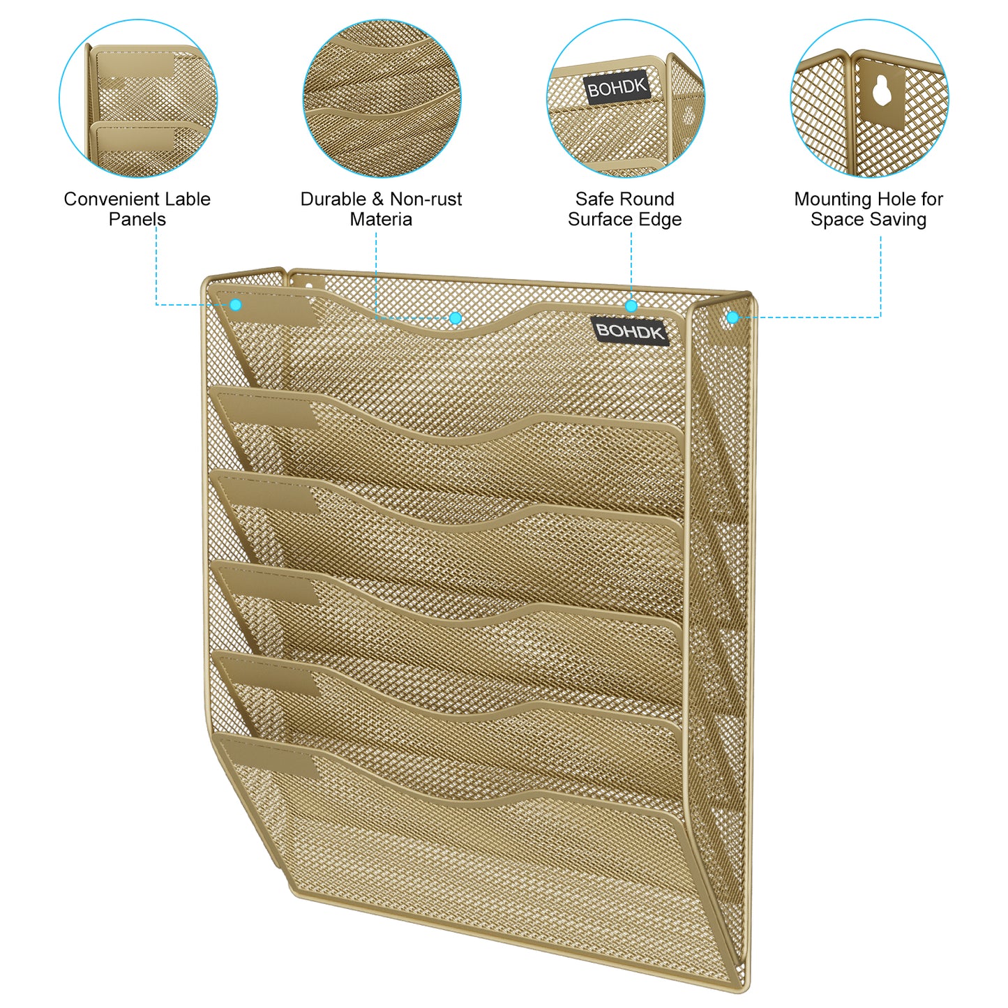 Wall File Organizer, Hanging File Folder Mail Organizer, Vertical Mesh Metal Door/Wall Mount Hanging File Holder, Paper Document Magazine Rack with Hooks for Home Office (6 Tier Gold)