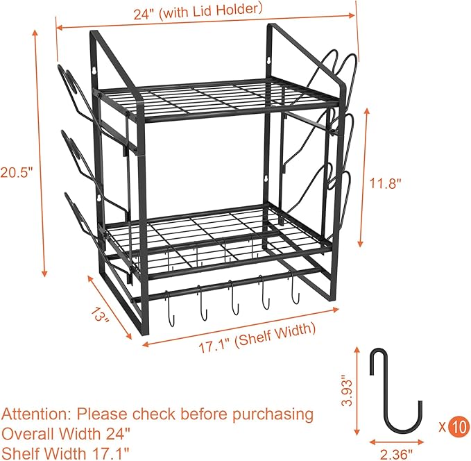 VyGrow 17 Inch Pot Rack Wall Mounted, 2 Tier Pots and Pans Organizer with 10 Hooks and 6 Pot Lid Holders, Heavy Duty Steel Pot and Pan Hanger for Kitchen Cookware Utensils Storage 24