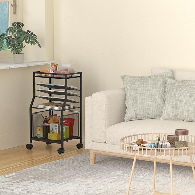 BOHDK Rolling File Cart, 6-Tier Desk File Organizer on Lockable Wheels, Black Wood Planks & Mesh Sliding Hanging Folder Drawer, Organization Cart for Office Home School