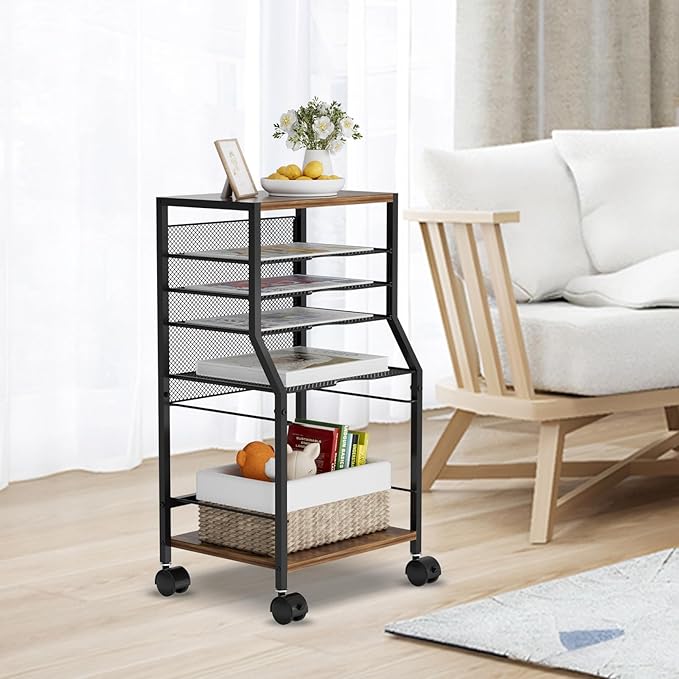 BOHDK Rolling File Cart, 6-Tier Under Desk Organizer on Lockable Wheels, Brown Wood Planks & Mesh File Cart with Hanging File Folders Rack and Paper Trays for Office Home, 14.7" L x 11.8" D x 27.5" H