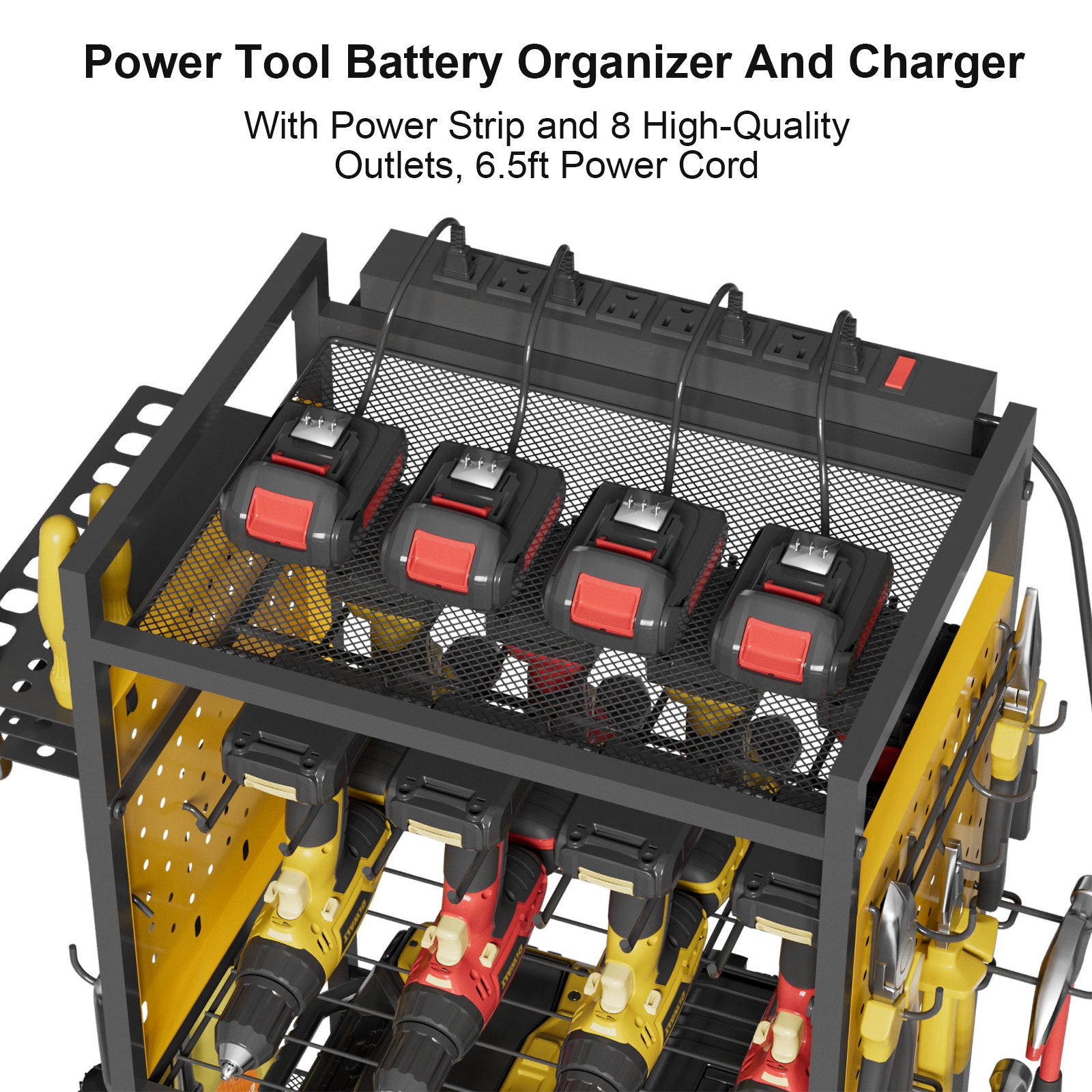 Power Tool Organizer Cart with Charging Station, Heavy Duty Garage Tool Organizer Rolling Tool Battery Storage with 8-Outlet Power Strip, 4 Wheels, 2 Hanging Baskets, Hooks, Drill Bit Holder, Yellow