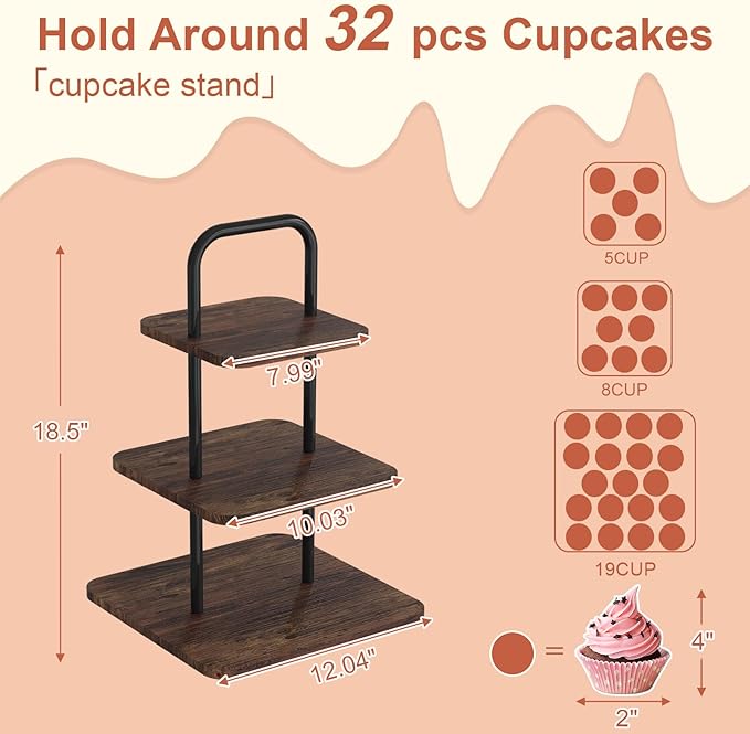 VyGrow Cupcake Stand, 3-Tier Dessert Stand for 32 Cupcakes, Wood & Metal Tower Display Premium Holder Dessert Tree Tower for Wedding Graduation Birthday Christmas Party, Serving Tray