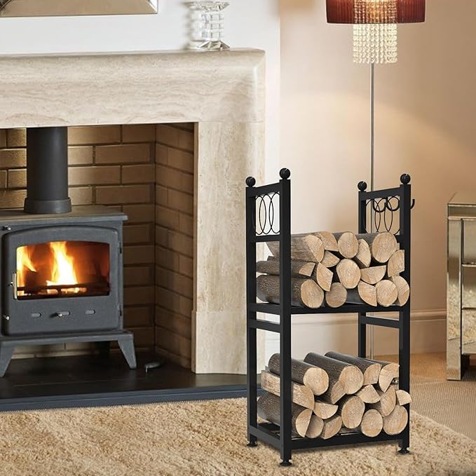 VyGrow Firewood Rack for Indoor Outdoor, 2-Tier Firewood Holder with 3 Hanging Hooks, Heavy Duty Wood Rack for Fireplace, Outdoor Patio, Fire Pit, Black