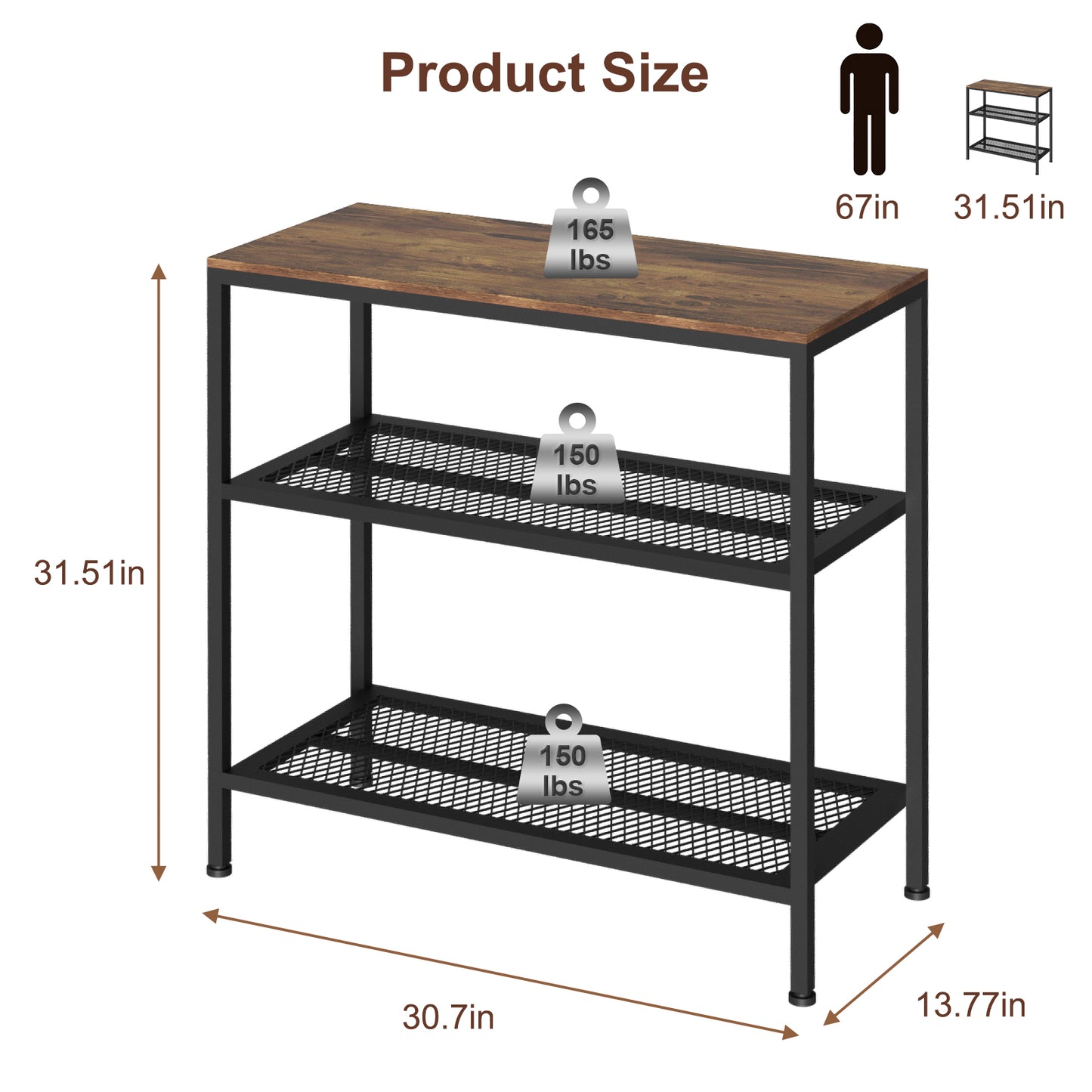 Kitchen Island with 3 Tier Storage, Height-Adjustable Kitchen Shelf, Microwave Stand for Dining, Sturdy Metal Frame, 30.7" L x 13.77" D x 31.51" H,Rustic Brown and Black