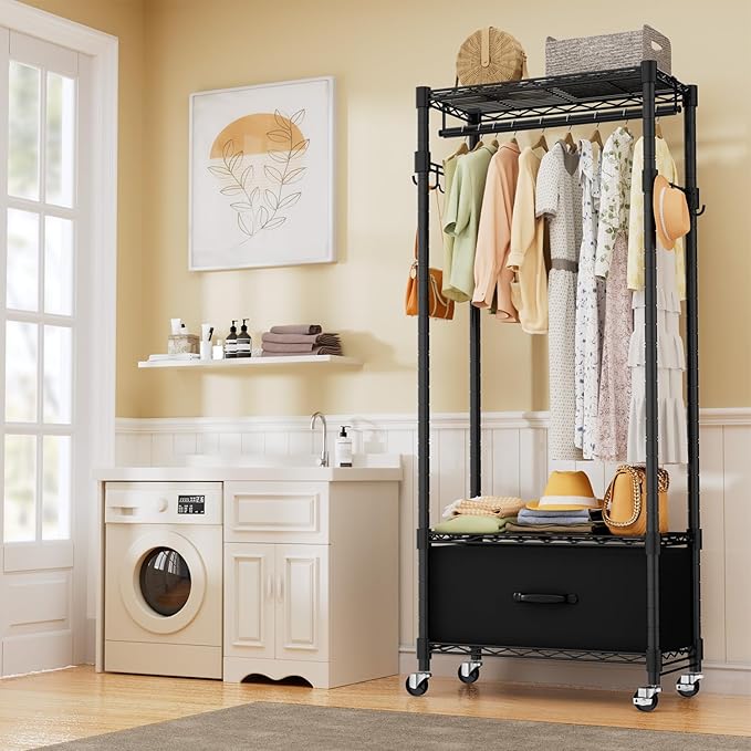 VyGrow Clothes Rack, Clothing Rack for Hanging Clothes, 3 Tiers Adjustable Closet Organizer System with Drawer | Hanging Rod | Side Hooks | Load 445lbs | 23" L x 13.1" W x 78.7" H | Black