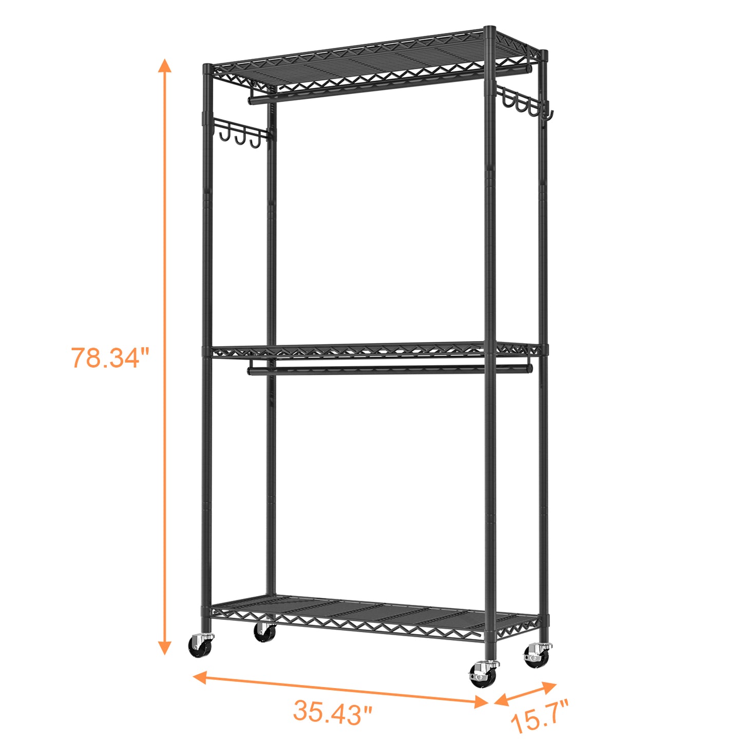 VyGrow Clothes Rack, Clothing Racks for Hanging Clothes, 3 Tiers Adjustable Garment Rack with Wheels | Double Rods | Side Hooks | Heavy Duty | Load 445lbs | 15.7" D x 35.43" W x 78.34" H | Black