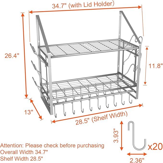 VyGrow 28 Inch Pot Rack Wall Mounted, 2 Tier Pots and Pans Organizer with 20 Hooks and 6 Pot Lid Holders, Heavy Duty Steel Pot and Pan Hanger for Kitchen Cookware Utensils Storage, Silver