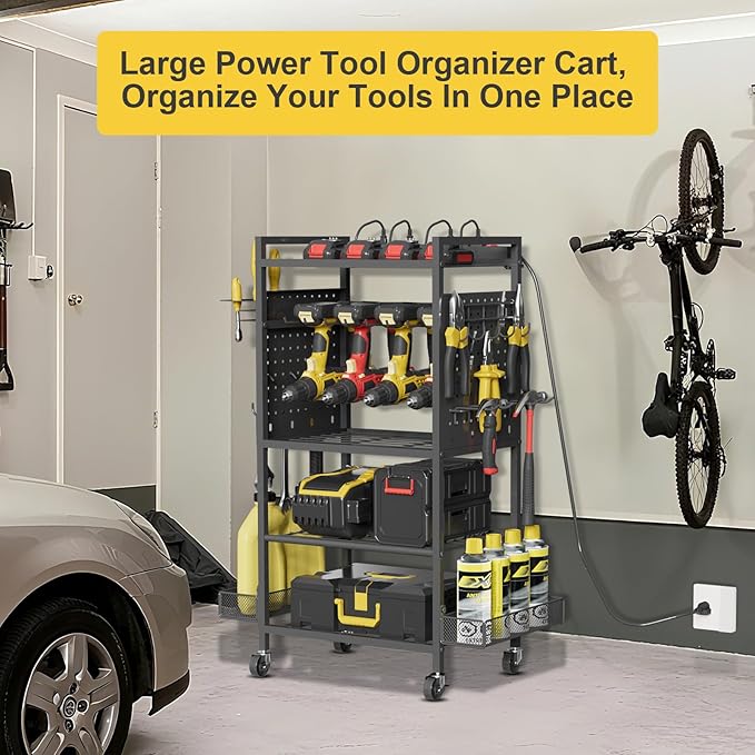 NEYCIL Power Tool Organizer Cart with Charging Station, Heavy Duty Garage Tool Organizer Rolling Tool Battery Storage with 8-Outlet Power Strip, 4 Wheels, 2 Hanging Baskets, 8 Hooks, Drill Bit Holder, Black