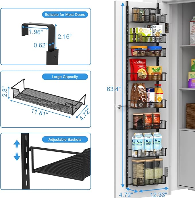 VyGrow 12.3" W Narrow Over the Door Pantry Organizer, 8-Tier Over the Door Organizer with Adjustable Basket, Pantry Door Organization for Pantry Kitchen Storage Room Spice Rack, Black