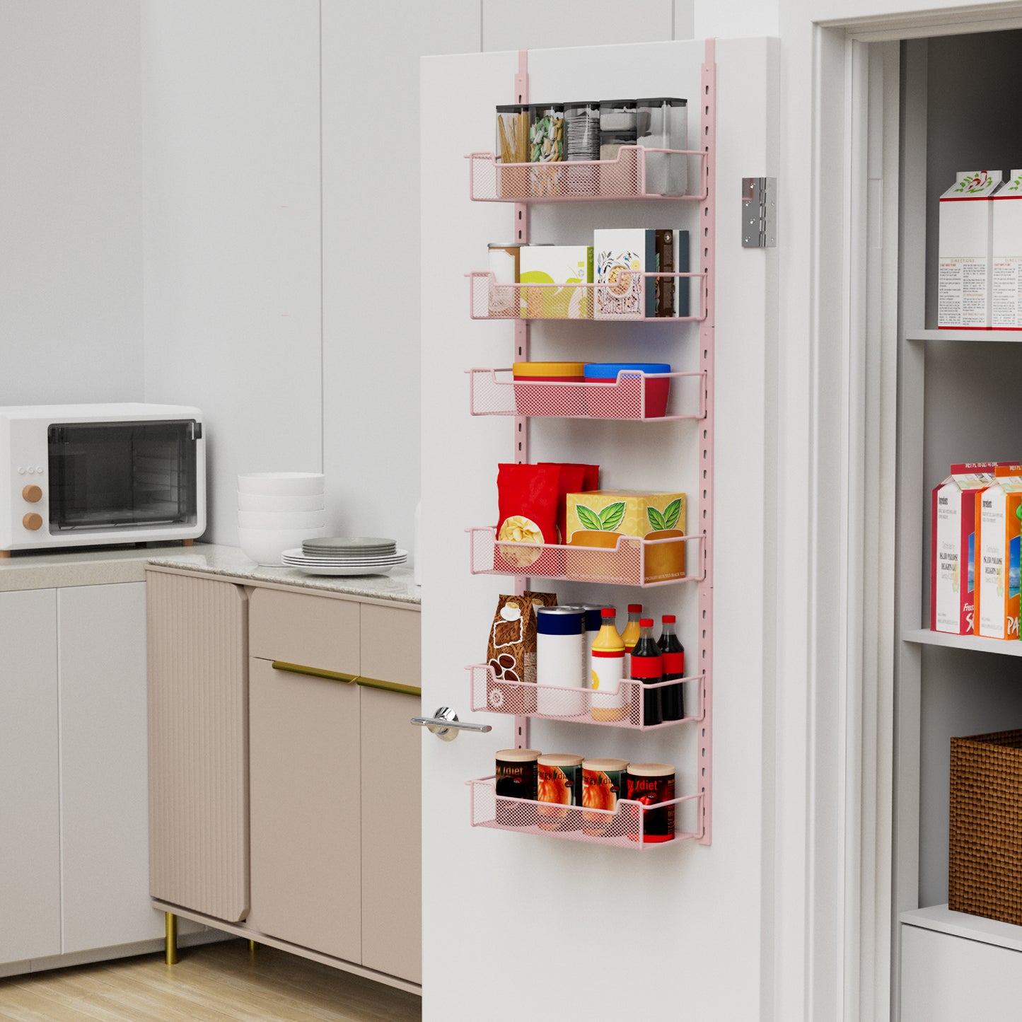 VyGrow 12.3" W Narrow Over the Door Pantry Organizer, 6-Tier Over the Door Organizer with Adjustable Basket, Pantry Door Organization for Pantry Kitchen Storage Room Spice Rack, Pink