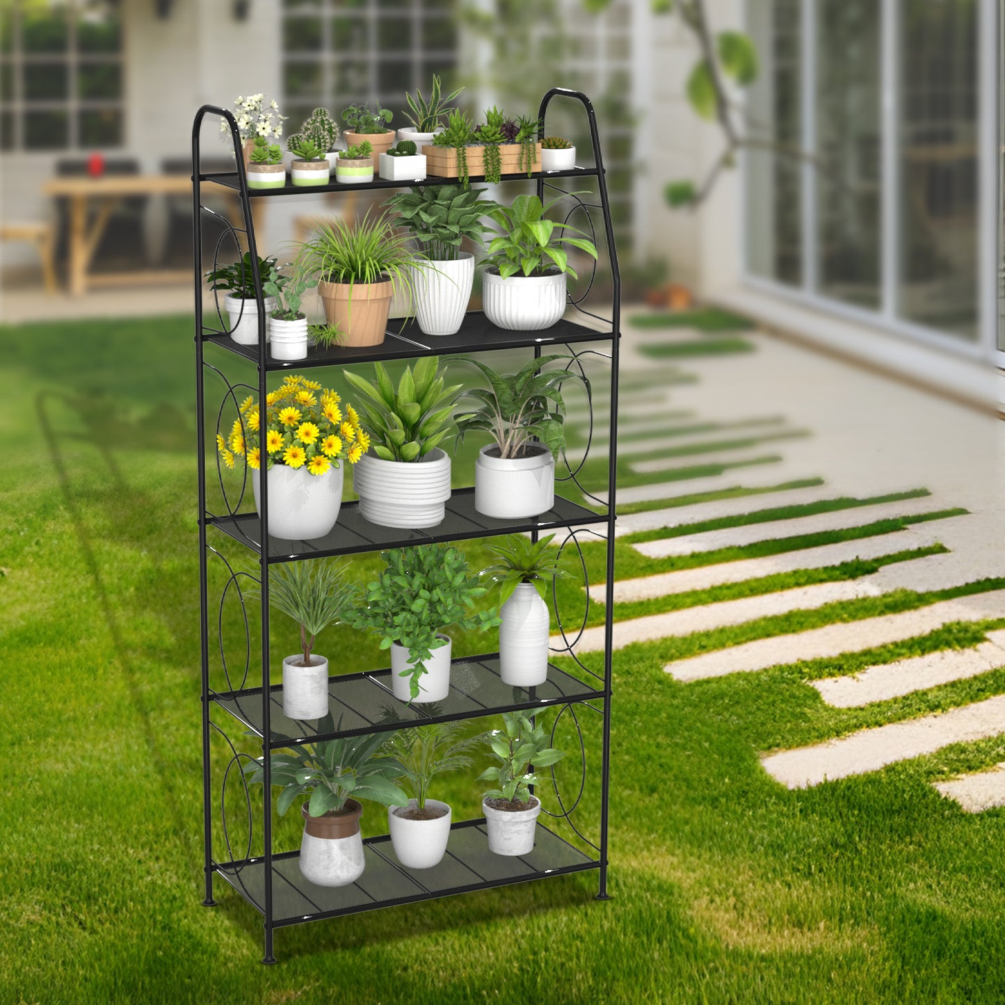 VyGrow 5 Tier Plant Stand Indoor Outdoor, Heavy Duty Plant Shelf, Metal Mesh Tall Plant Stands Holder Rack for Living Room Balcony and Garden, Black