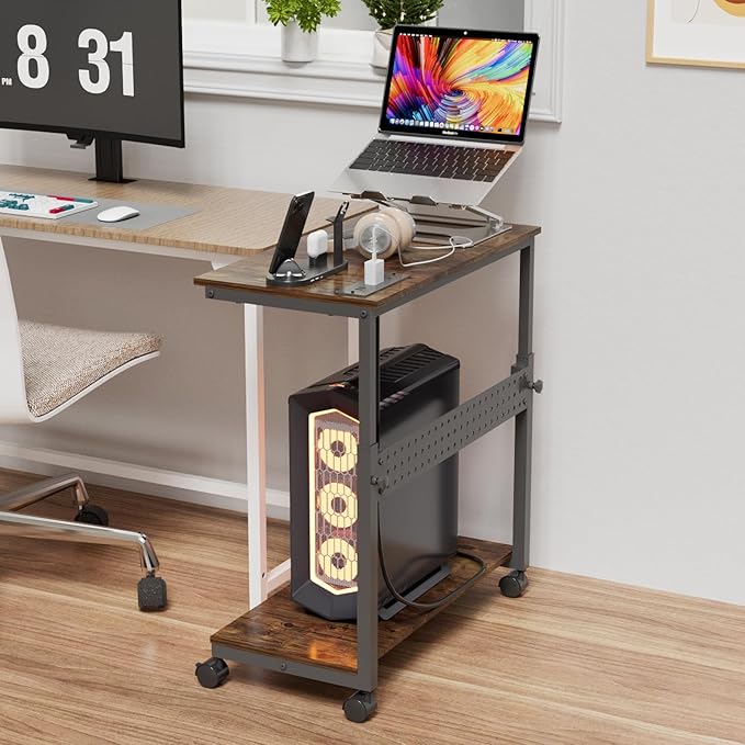 NEYCIL Computer Tower Stand with Charging Station, Height Adjustable 2-Tier CPU Stand with Power Strip and USB Ports, PC Tower Cart with Wheels and Printer Shelf, Rustic Brown and Black