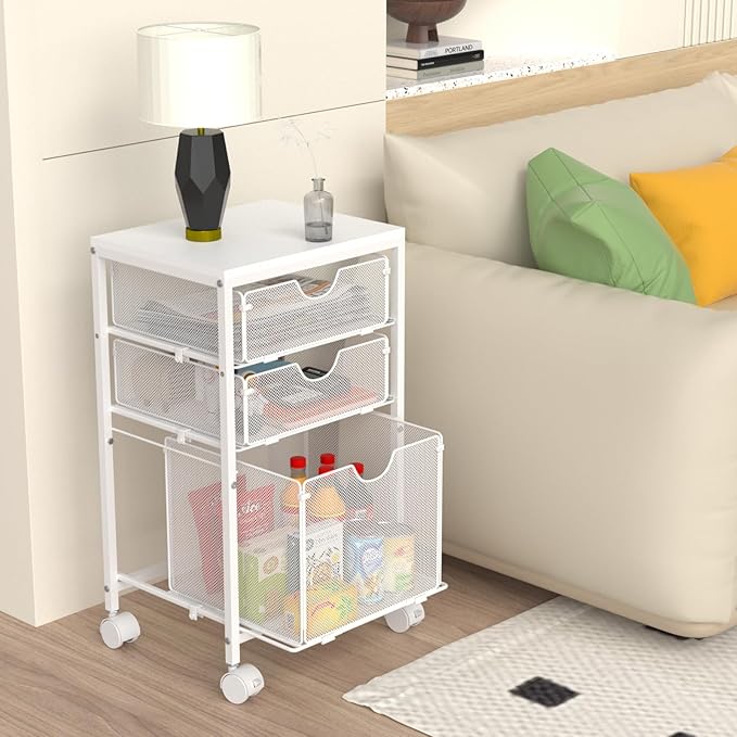 BOHDK Rolling File Cart with 3 Storage Drawers, Wood & Mesh Hanging File Folder Organizer with Wheels Under Desk, File Cabinets for Home Office, 11.81" D x 14.8" W x 25.39" H, White