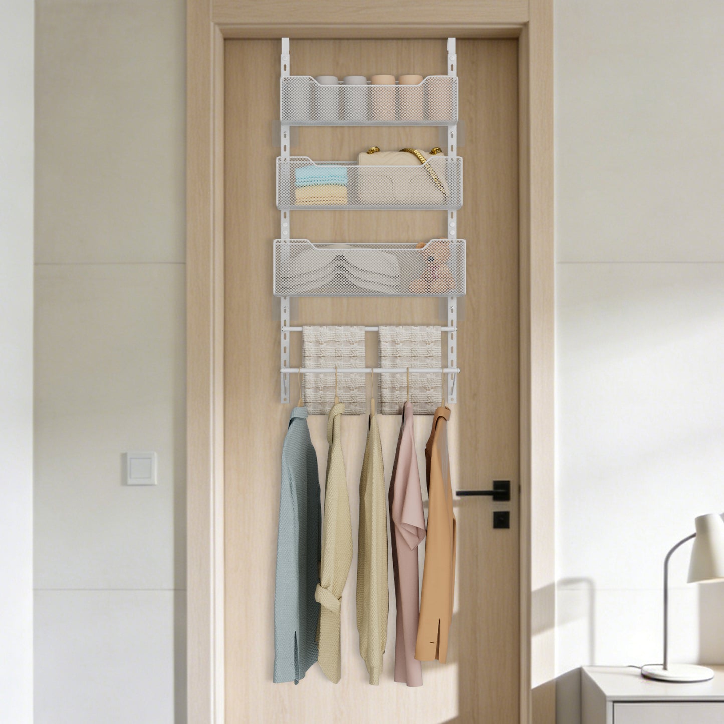 VyGrow Over The Door Clothes Hanging Rod with 3 Tier Mesh Baskets, Metal Over The Door Hanger for Coat, Clothes Drying Rack for Door for Laundry Bathroom Bedroom Office, White