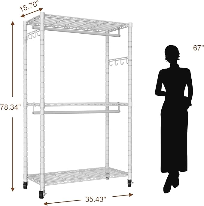 VyGrow Clothes Rack, Clothing Rack for Hanging Clothes, 3 Tiers Adjustable Heavy Duty Closet Organizer with Wheels | Double Rods | Side Hooks | Load 445lbs | 35.43" L x 15.7" W x 78.34" H | White