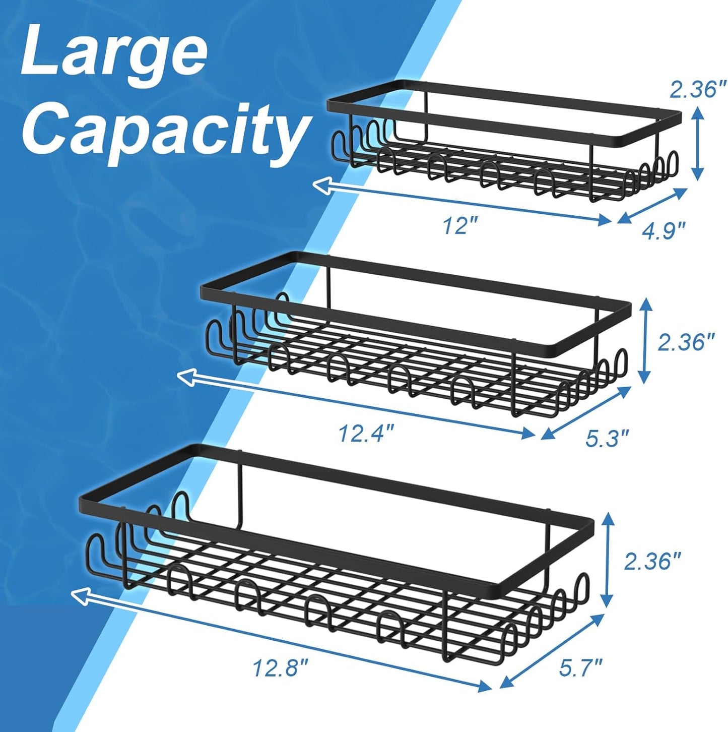 VyGrow 3 Pack Adhesive Shower Caddy with 36 Hooks, Shower Organizer with Large Capacity, Rust Proof Shower Shelves Drill Free, for Bathroom Storage & Home Decor, Black